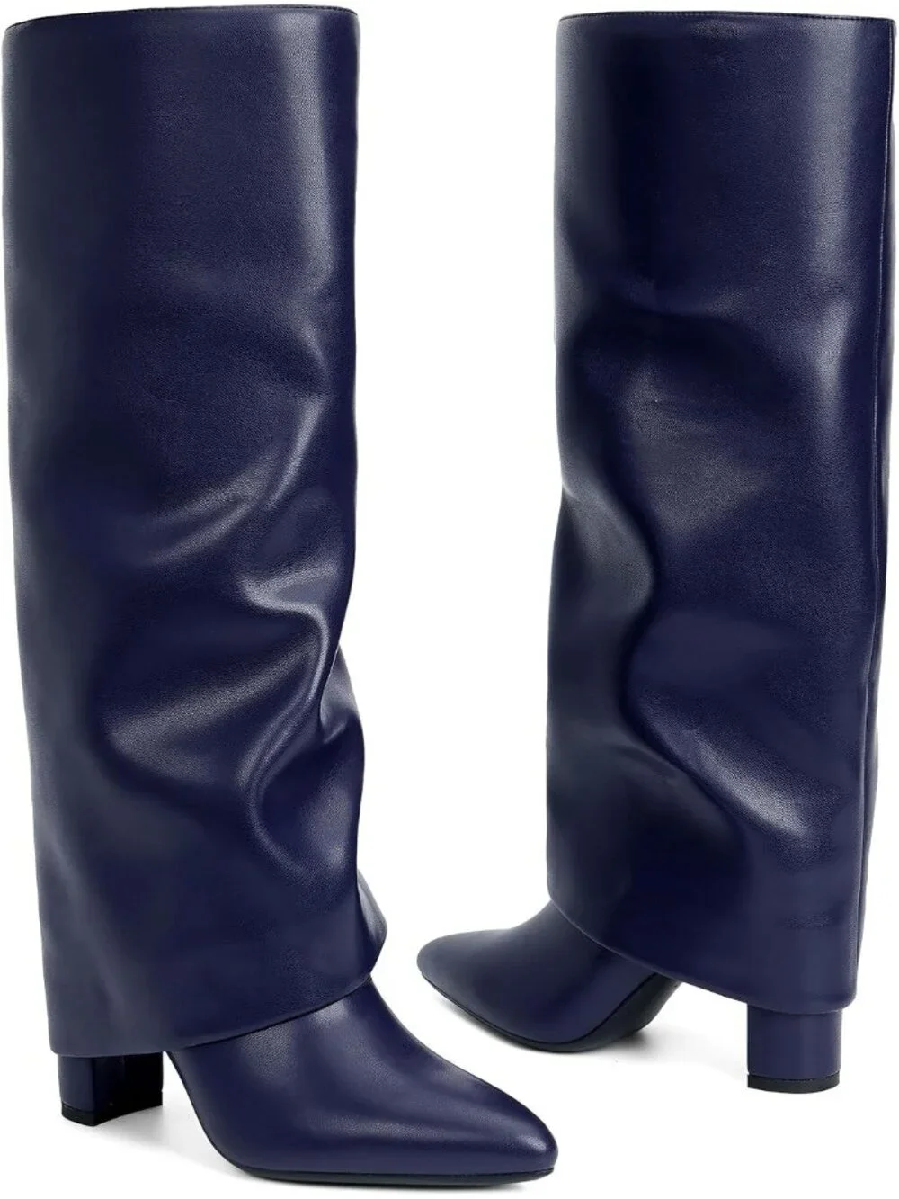 Women's Blue Pointed Toe Chunky Heel Faux Leather Over The Knee High Boots